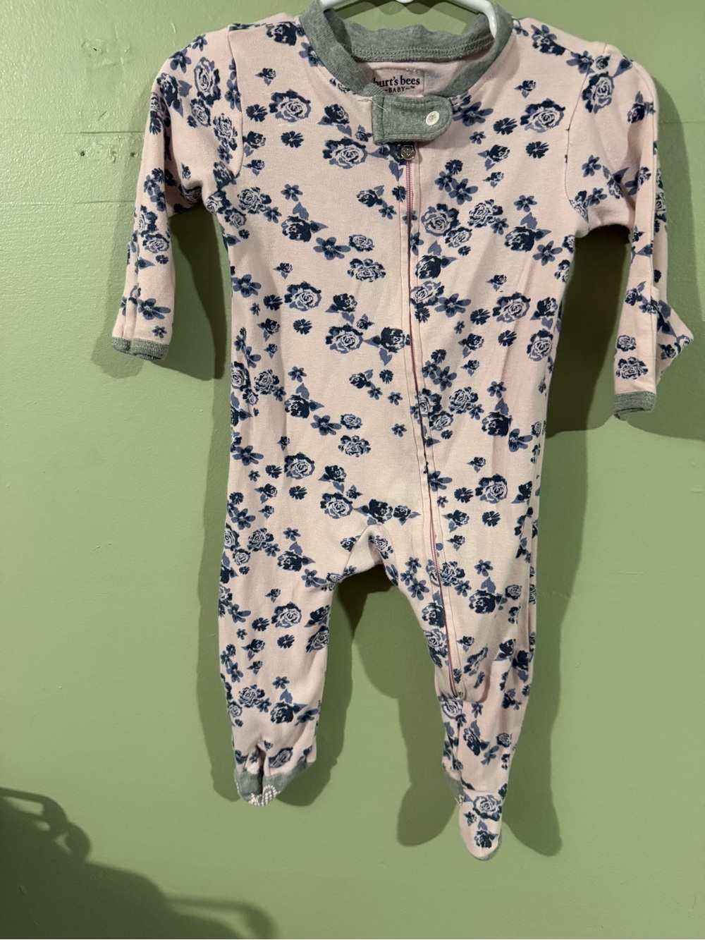 Burt's Bees Baby Pink and Navy Floral Zip Footed One-Piece